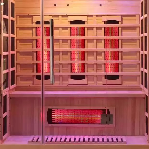 Illuminated hybrid sauna at twilight with chromotherapy
